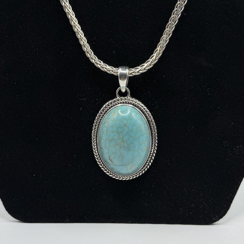 925 Sterling Silver Super Blue Turquoise Pendant Necklace 16” Chain